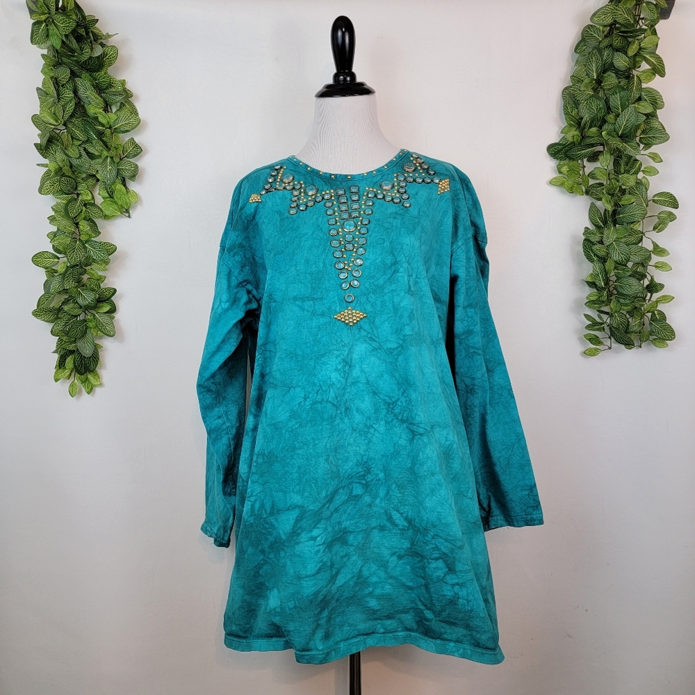 Vintage Focus Jewel Stone Tie Dye Green Hippy Boho Tunic Top, 80s 90s